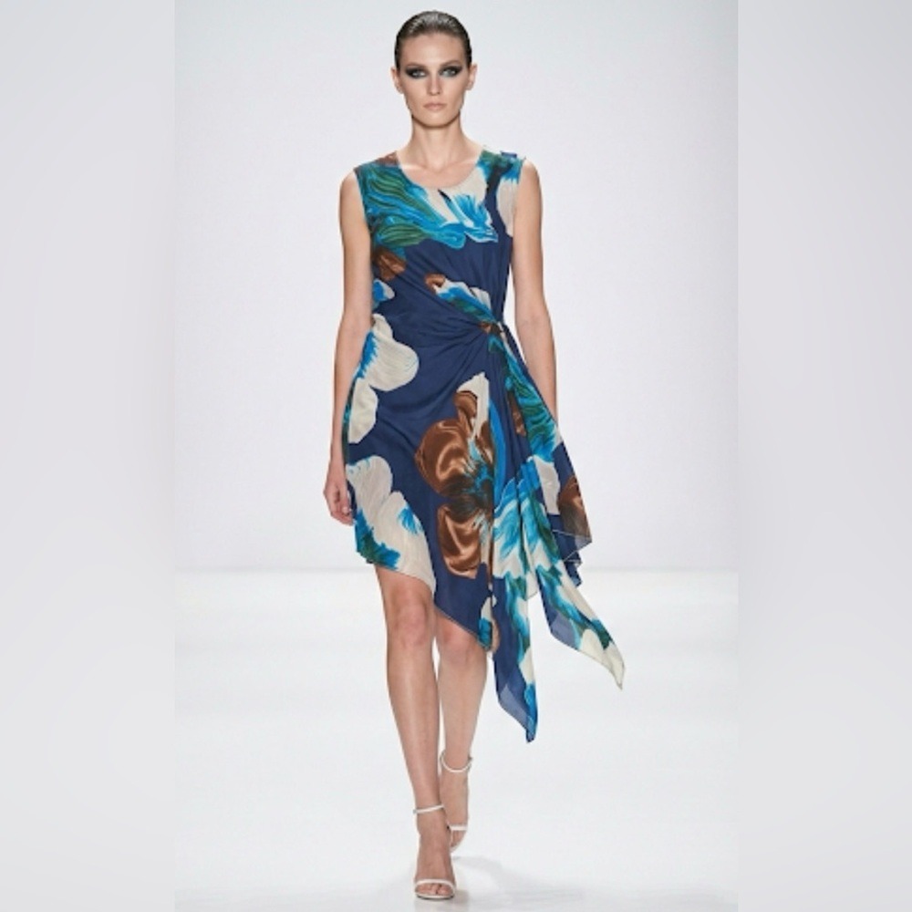 ALC Navy Blue‎ Floral Silk Asymmetrical Drape Mini Dress Size 0 Sleeveless